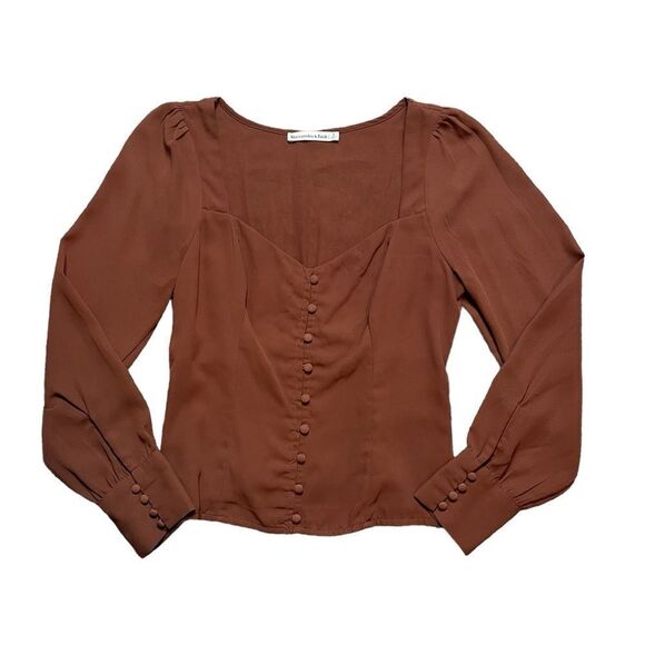 ABERCROMBIE & FITCH Long Sleeve Button Through V-Neck Top Brown Size Small - Picture 2 of 6